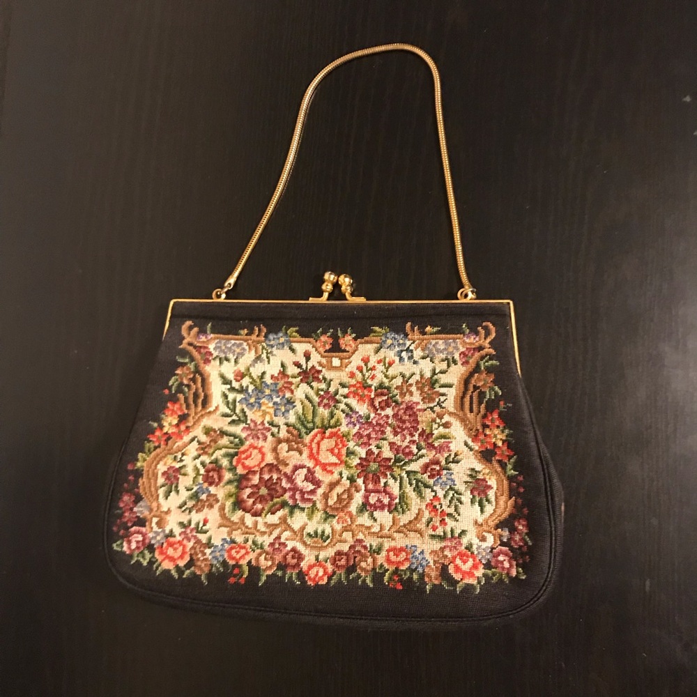 Vintage 1920s Petit Point Floral Clutch Purse